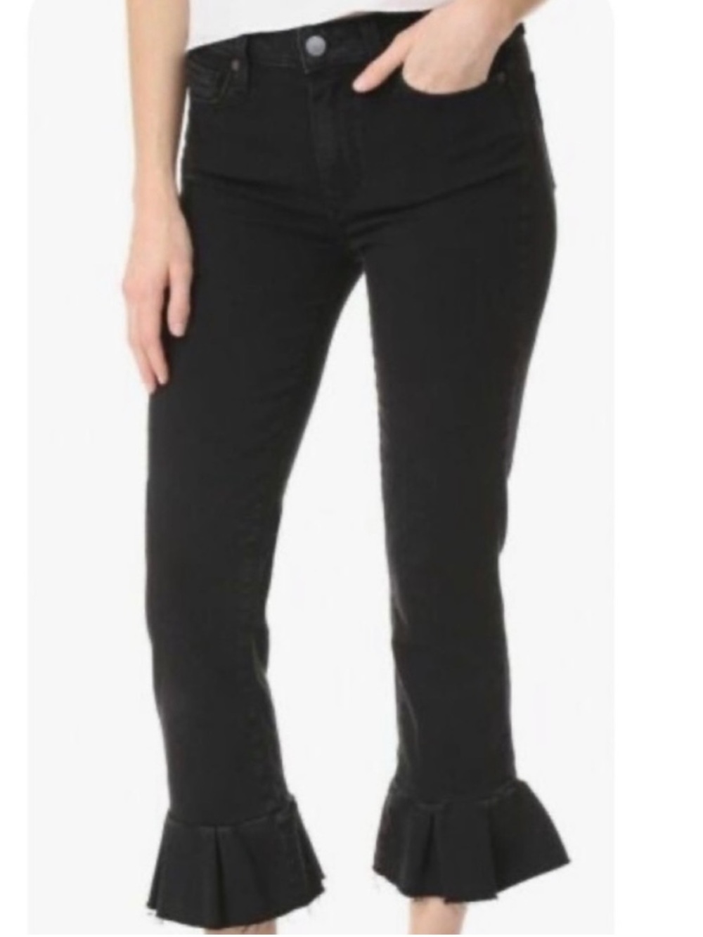 PAIGE Elanie Cropped Flare Jeans Ruffle Black raw hem